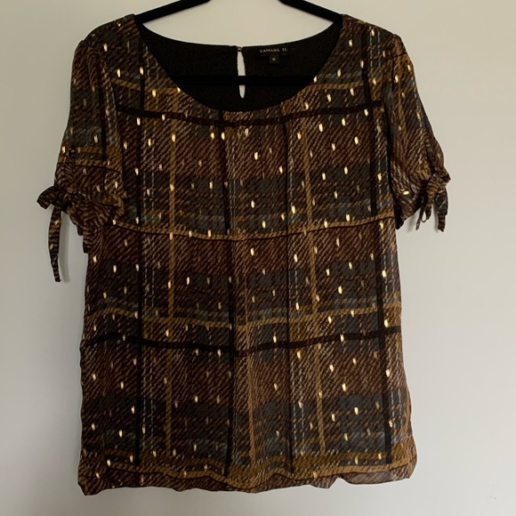 Navy and Brown Plaid Blouse with Gold - Picture 1 of 3